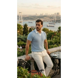 Erkek Desenli Kısa Kollu Triko Tişört - %100 Pamuk Akrilik