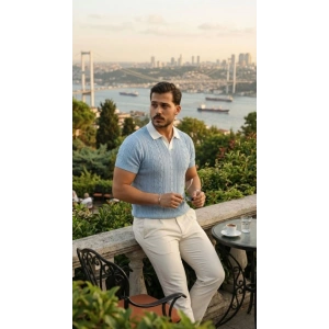 Erkek Desenli Kısa Kollu Triko Tişört - %100 Pamuk Akrilik