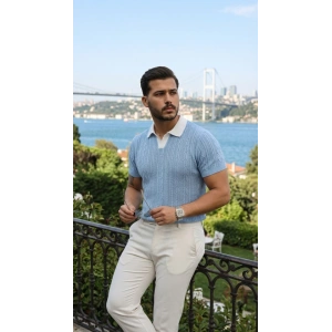 Erkek Desenli Kısa Kollu Triko Tişört - %100 Pamuk Akrilik