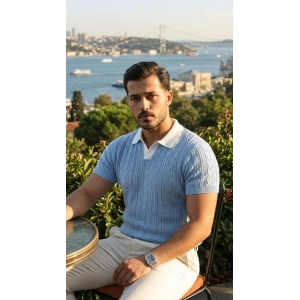 Erkek Desenli Kısa Kollu Triko Tişört - %100 Pamuk Akrilik