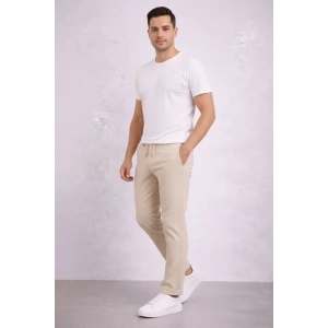 Erkek Diagonel Mikro Dokulu Duble Paça Cepli Pantolon Bağcıklı Bel, Modern Kesim - Krem
