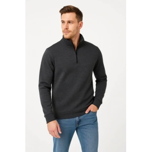 Erkek Dik Yaka Sweatshirt Dik Yaka Yarım Fermuarlı 3 İplik Şardonlu Pamuk Kumaş - Antrasit