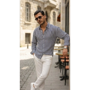 Erkek Dikey Çizgili Yarım Oversize Gömlek