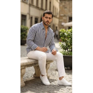 Erkek Dikey Çizgili Yarım Oversize Gömlek