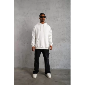 Erkek Düz Kapüşonlu Sweat - Beyaz