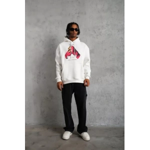 Erkek Eldiven Baskılı Kapüşonlu Sweat - Beyaz