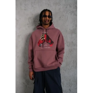 Erkek Eldiven Baskılı Kapüşonlu Sweat - Gül Kurusu