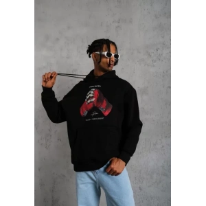 Erkek Eldiven Baskılı Kapüşonlu Sweat - Siyah
