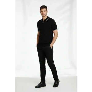 Erkek Fermuarlı Yaka Fitilli Triko Kısa Kollu Regular Fit Tişört T-shirt - Siyah