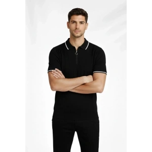 Erkek Fermuarlı Yaka Fitilli Triko Kısa Kollu Regular Fit Tişört T-shirt - Siyah