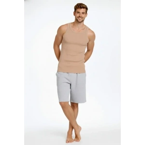 Erkek Fitilli Atlet Sıfır Yaka Slim Fit Arka Baskılı Spor Atlet - Bej