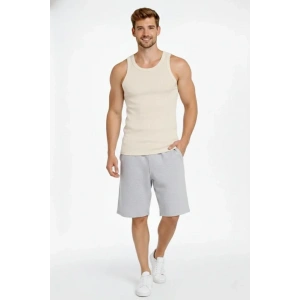 Erkek Fitilli Atlet Sıfır Yaka Slim Fit Arka Baskılı Spor Atlet - Krem