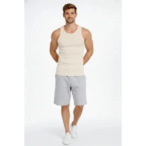 Erkek Fitilli Atlet Sıfır Yaka Slim Fit Arka Baskılı Spor Atlet - Krem