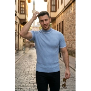 Erkek Fitilli Triko Dokuma Kısa Kol Tişört Yarım Boğaz Modern Yazlık T-Shirt - Bebe Mavisi
