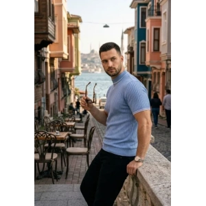 Erkek Fitilli Triko Dokuma Kısa Kol Tişört Yarım Boğaz Modern Yazlık T-Shirt - Bebe Mavisi