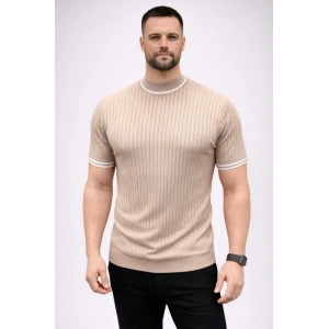 Erkek Fitilli Triko Dokuma Kısa Kol Tişört Yarım Boğaz Modern Yazlık T-Shirt - Bej