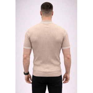 Erkek Fitilli Triko Dokuma Kısa Kol Tişört Yarım Boğaz Modern Yazlık T-Shirt - Bej