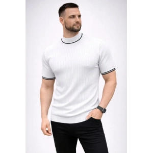 Erkek Fitilli Triko Dokuma Kısa Kol Tişört Yarım Boğaz Modern Yazlık T-Shirt - Beyaz