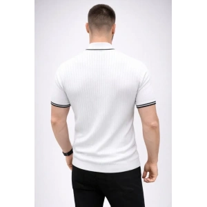 Erkek Fitilli Triko Dokuma Kısa Kol Tişört Yarım Boğaz Modern Yazlık T-Shirt - Beyaz