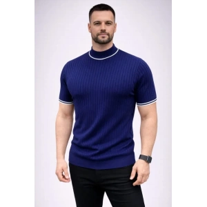 Erkek Fitilli Triko Dokuma Kısa Kol Tişört Yarım Boğaz Modern Yazlık T-Shirt - Lacivert