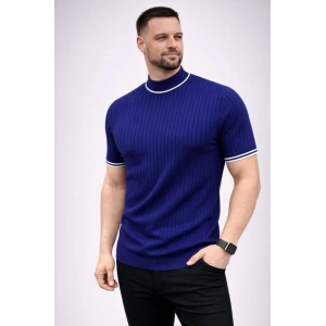 Erkek Fitilli Triko Dokuma Kısa Kol Tişört Yarım Boğaz Modern Yazlık T-Shirt - Lacivert