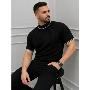 Erkek Fitilli Triko Dokuma Kısa Kol Tişört Yarım Boğaz Modern Yazlık T-Shirt - Siyah