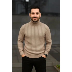 Erkek Fitilli Triko Kazak 2li Set Bej Siyah Regular Balıkcı Yaka Tam Boğazlı Triko Seti Modeli Kazak