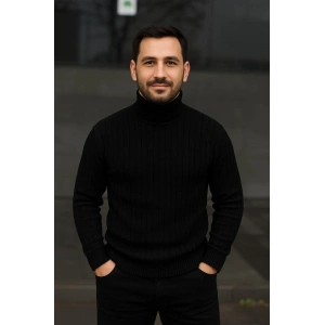 Erkek Fitilli Triko Kazak 2li Set Bej Siyah Regular Balıkcı Yaka Tam Boğazlı Triko Seti Modeli Kazak