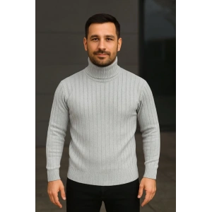 Erkek Fitilli Triko Kazak 2li Set Gri Siyah Regular Balıkcı Yaka Tam Boğazlı Triko Seti Modeli Kazak
