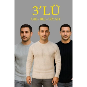 Erkek Fitilli Triko Kazak 3lü Set Bej Gri Siyah Regular Fit Bisiklet Yaka Triko Seti Kazak Modeli