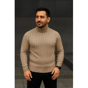 Erkek Fitilli Triko Kazak 3lÜ Set Bej Haki Siyah Regular Balıkcı Yaka Tam Boğazlı Triko Seti Modeli Kazak