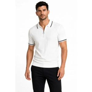 Erkek Fitilli Triko T-shirt Polo Yaka Yarım Fermuarlı Kısa Kollu Tişört - Beyaz