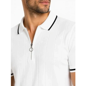 Erkek Fitilli Triko T-shirt Polo Yaka Yarım Fermuarlı Kısa Kollu Tişört - Beyaz