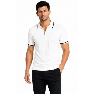 Erkek Fitilli Triko T-shirt Polo Yaka Yarım Fermuarlı Kısa Kollu Tişört - Beyaz