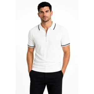 Erkek Fitilli Triko T-shirt Polo Yaka Yarım Fermuarlı Kısa Kollu Tişört - Beyaz