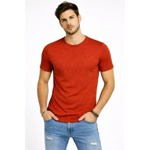 Erkek Flam Kumaş Melanj Dokulu Regular Fit Tişört Bisiklet Yaka Yazlık T-Shirt - Kiremit