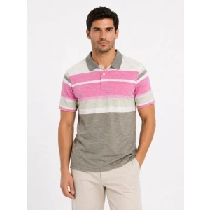 Erkek Flamlı Penye Çizgili Polo Yaka Tişört Kısa Kol Yazlık T-Shirt - Gri