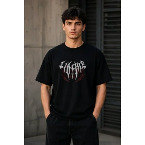 Erkek Gotik Yazı Baskılı Oversize Bisiklet Yaka T-Shirt - Siyah
