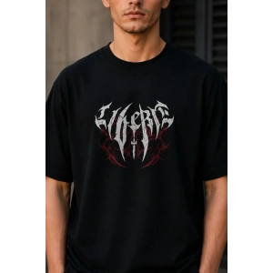 Erkek Gotik Yazı Baskılı Oversize Bisiklet Yaka T-Shirt - Siyah