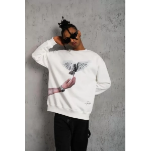 Erkek Güvercin Baskılı Sweatshirt - Beyaz