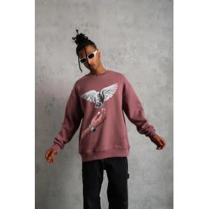 Erkek Güvercin Baskılı Sweatshirt - Gül Kurusu
