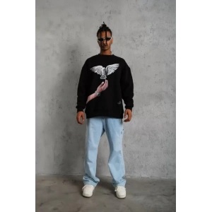 Erkek Güvercin Baskılı Sweatshirt - Siyah