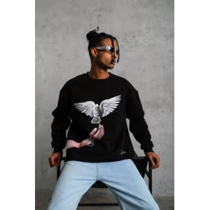 Erkek Güvercin Baskılı Sweatshirt - Siyah