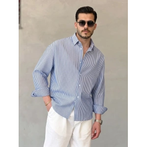 Erkek İnce Çizgili Gofre Kumaş Rahat Kalıp Gömlek
