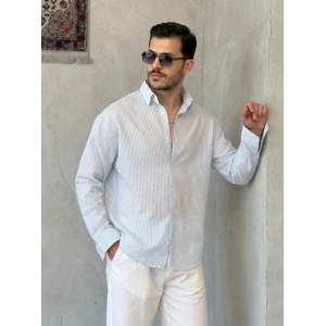 Erkek İnce Çizgili Gofre Kumaş Rahat Kalıp Gömlek