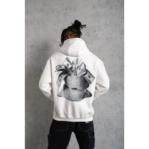 Erkek Kanguru Cep Baskılı Kapüşonlu Sweatshirt - Beyaz