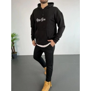 Erkek Kapşonlu Sweatshirt – Oversize Üç İplik Şardonlu Hoodie, “Other Lives” Ön - Arka Baskılı, Kanguru Cepli, Kışlık Rahat Günlük Stil - Siyah