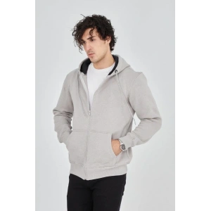Erkek Kapüşonlu Düz Fermuarlı Hırka - Boyalı Gri