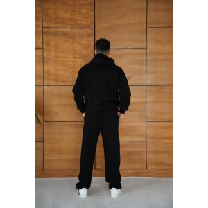 Erkek Kapüşonlu Eşofman Takım Örümcek Ağı Ve Neon Yeşil Baskılı Kanguru Cepli Oversize Rahat Kalıp, Premium Üç İplik Kumaş - Siyah