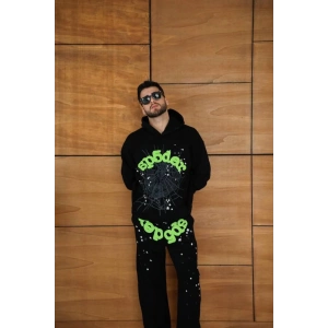 Erkek Kapüşonlu Eşofman Takım Örümcek Ağı Ve Neon Yeşil Baskılı Kanguru Cepli Oversize Rahat Kalıp, Premium Üç İplik Kumaş - Siyah